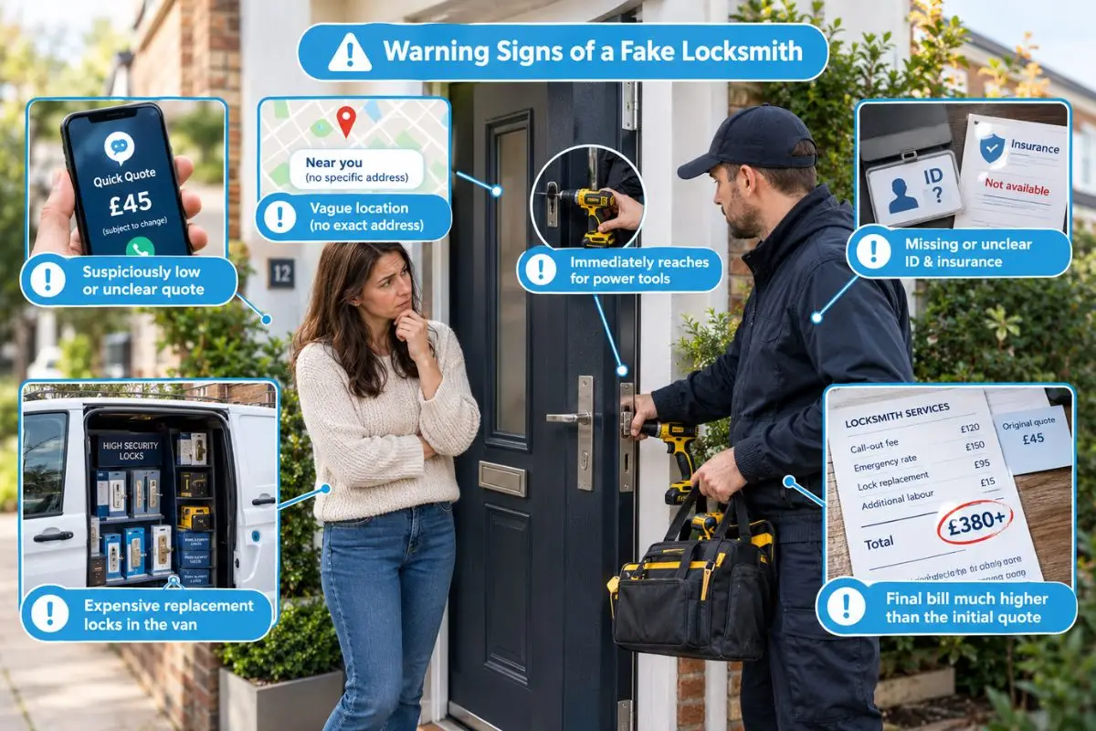 Warning signs of a fake locksmith including unclear quotes, vague location, immediate drilling, missing credentials, expensive lock upselling, and unexpected price increases
