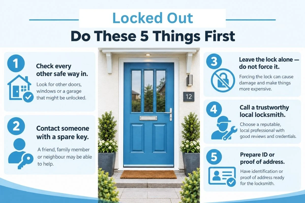 Five-step infographic showing what to do after being locked out of a home