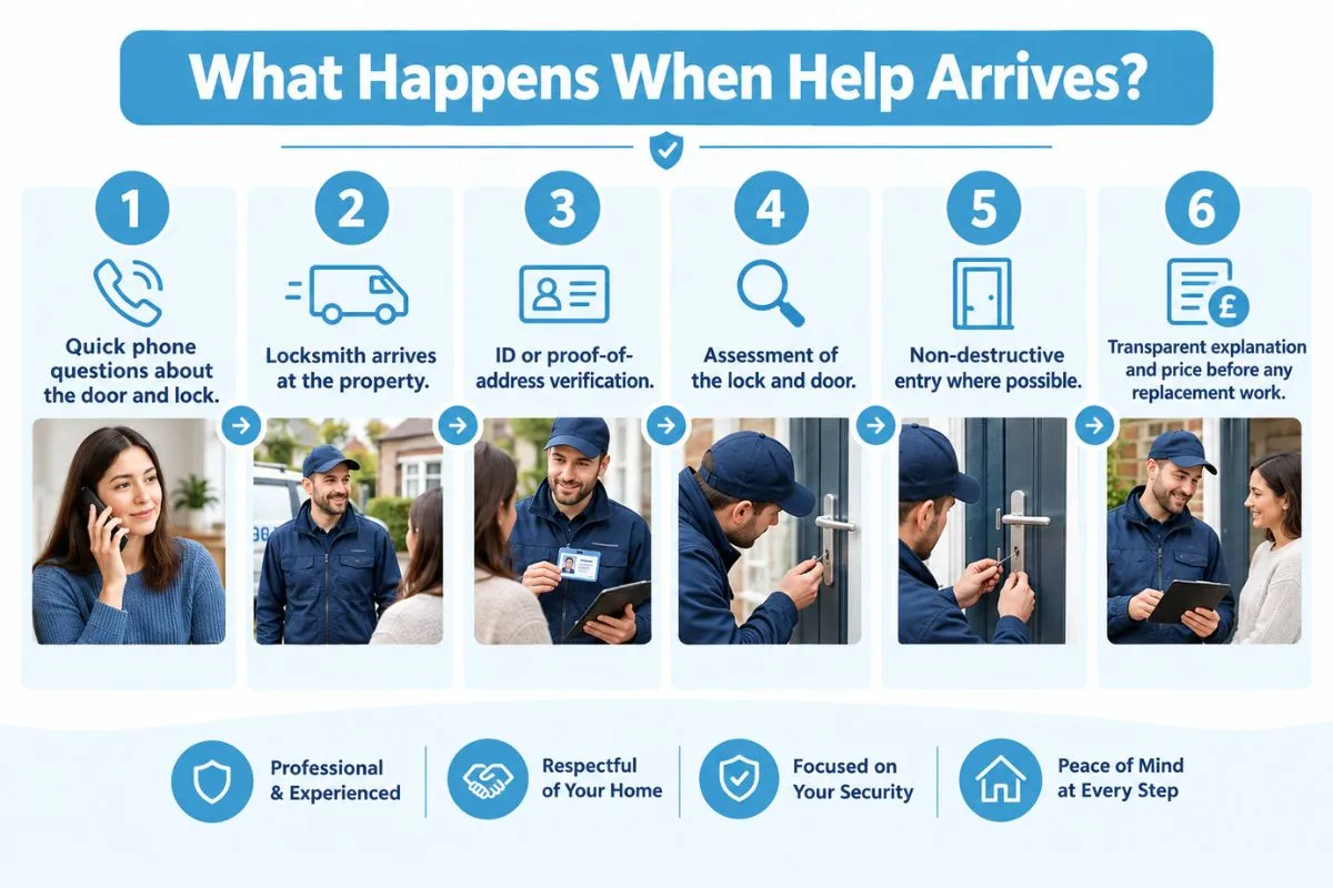 Locksmith arrival process showing identification checks, assessment, non-destructive entry, and pricing