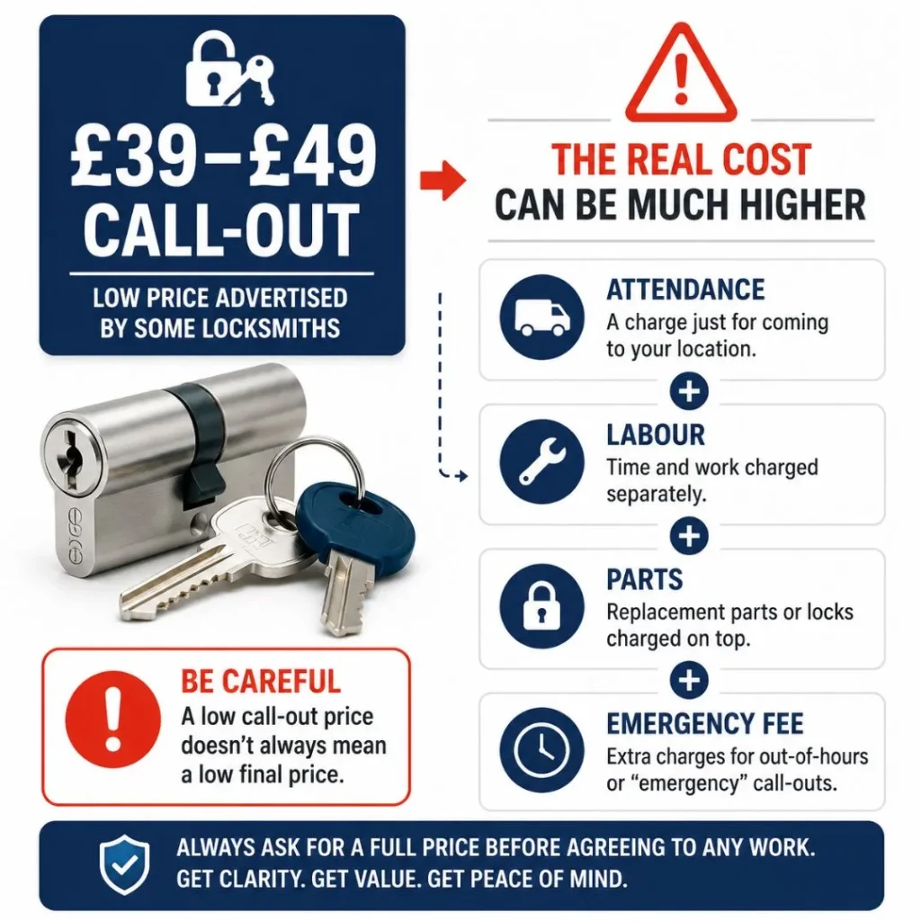 Infographic showing a low locksmith call-out price alongside additional attendance, labour, parts and emergency charges.