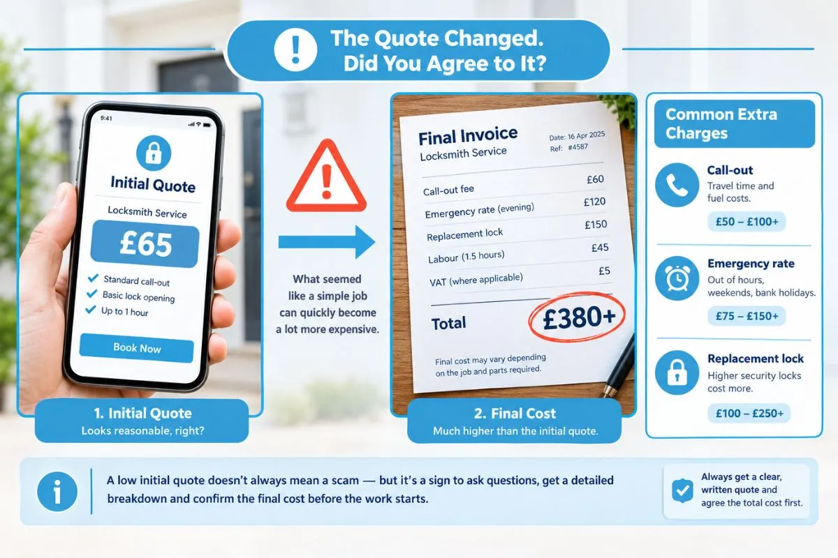 Locksmith quote changing from an initial price to a much higher final bill with warning symbols