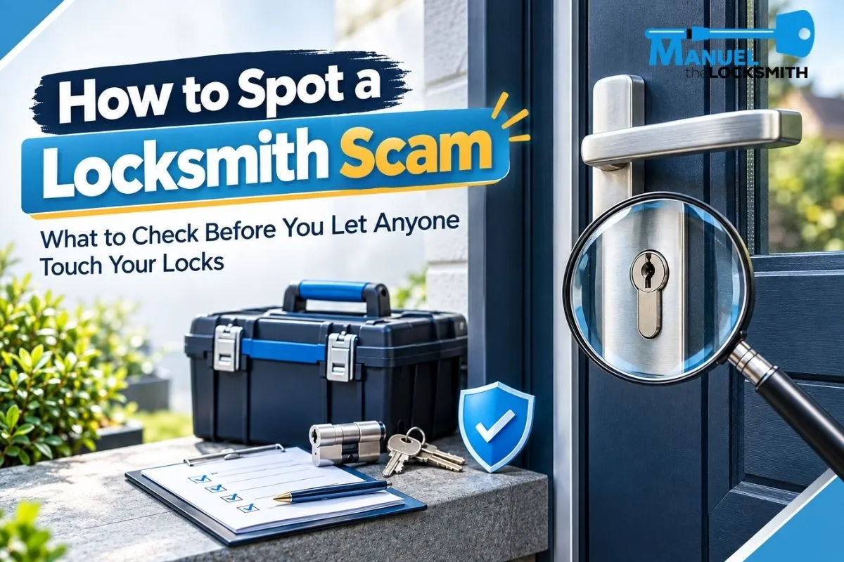 Locksmith scam warning banner showing a residential door, lock, warning symbols, quote, credentials, location, and review checks