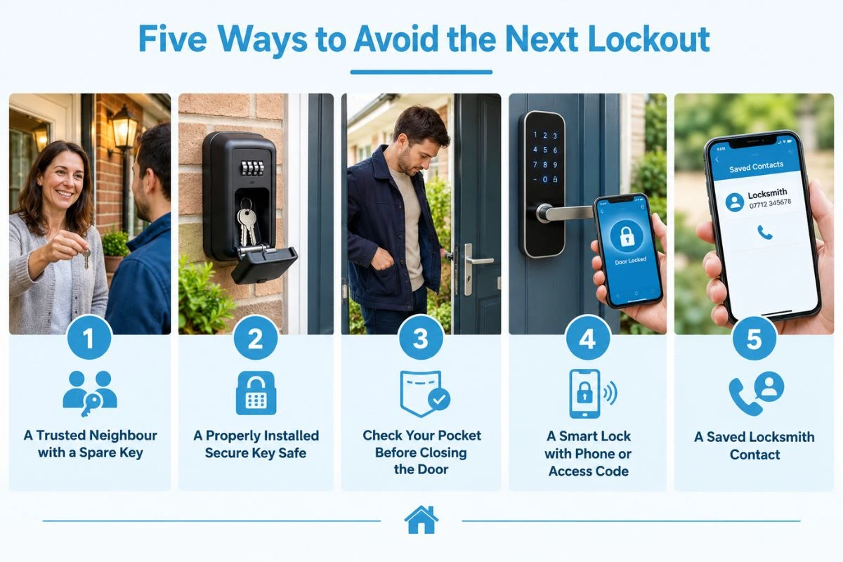 Practical ways to prevent future home lockouts including spare keys, key safes, habits, and smart locks