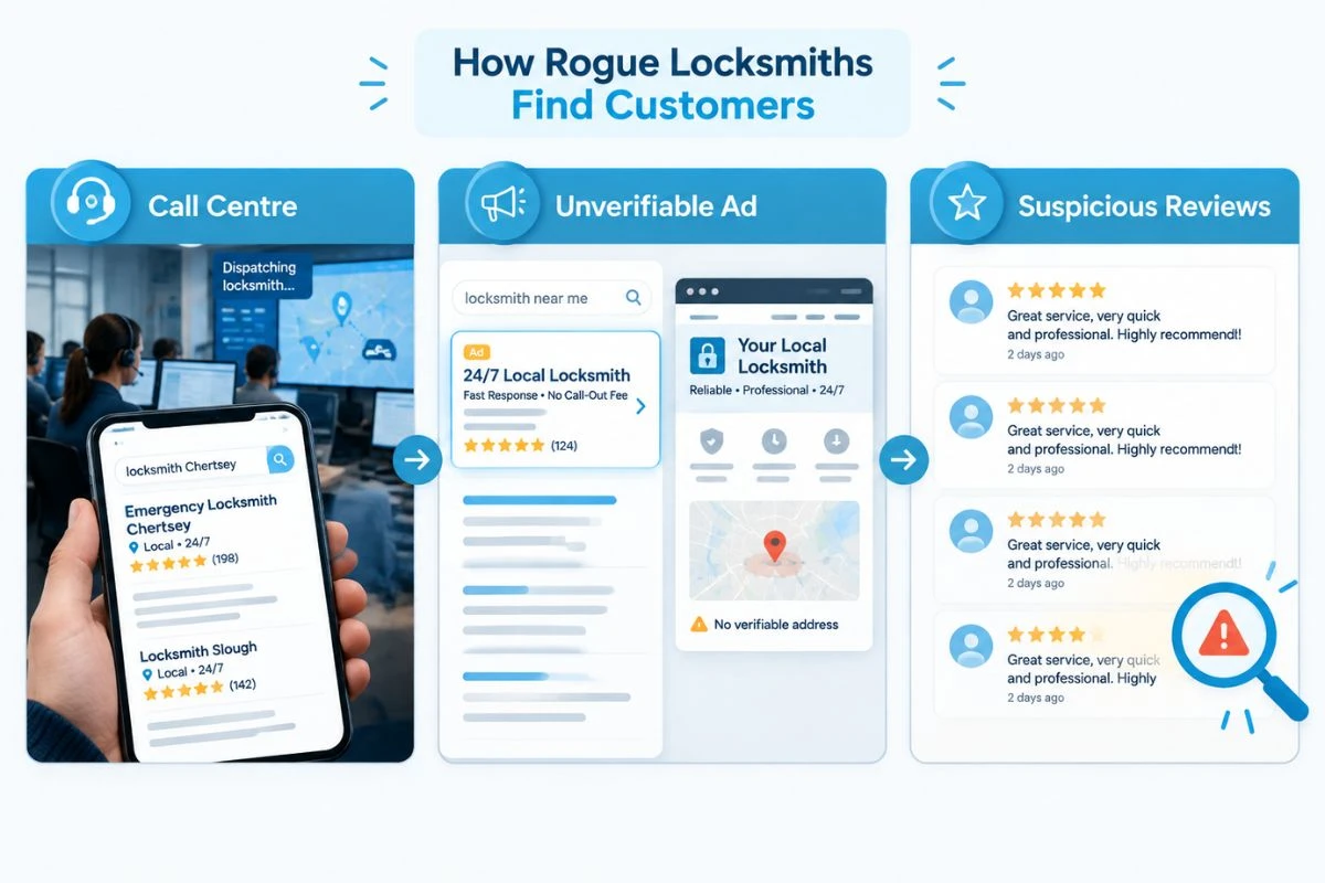 Three ways rogue locksmiths reach customers through call centres, unverifiable paid ads, and fake reviews