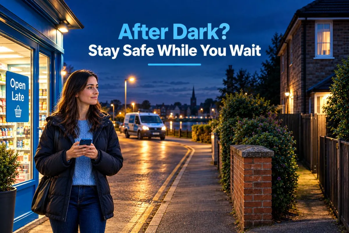 Person safely waiting in a lit area during a nighttime home lockout
