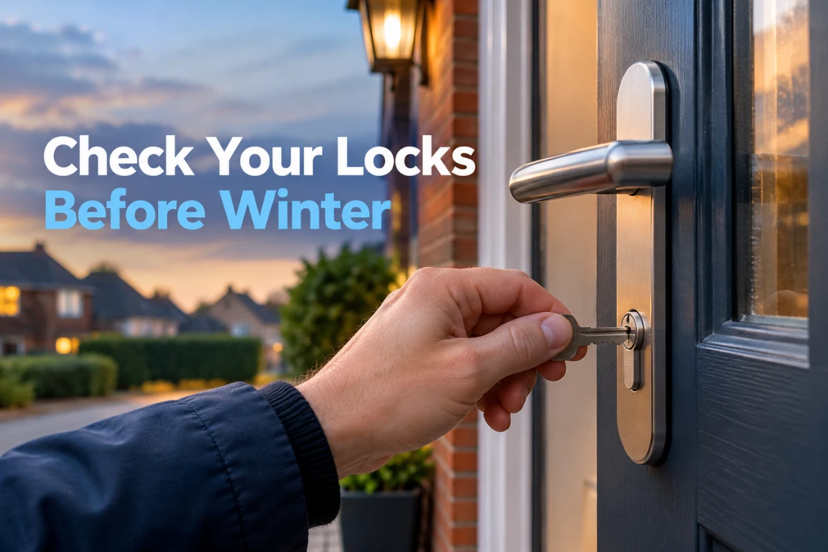 Homeowner checking a front door lock before winter.