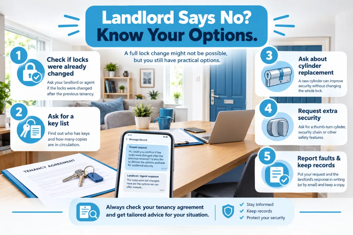 Student discussing rental lock security alternatives with landlord