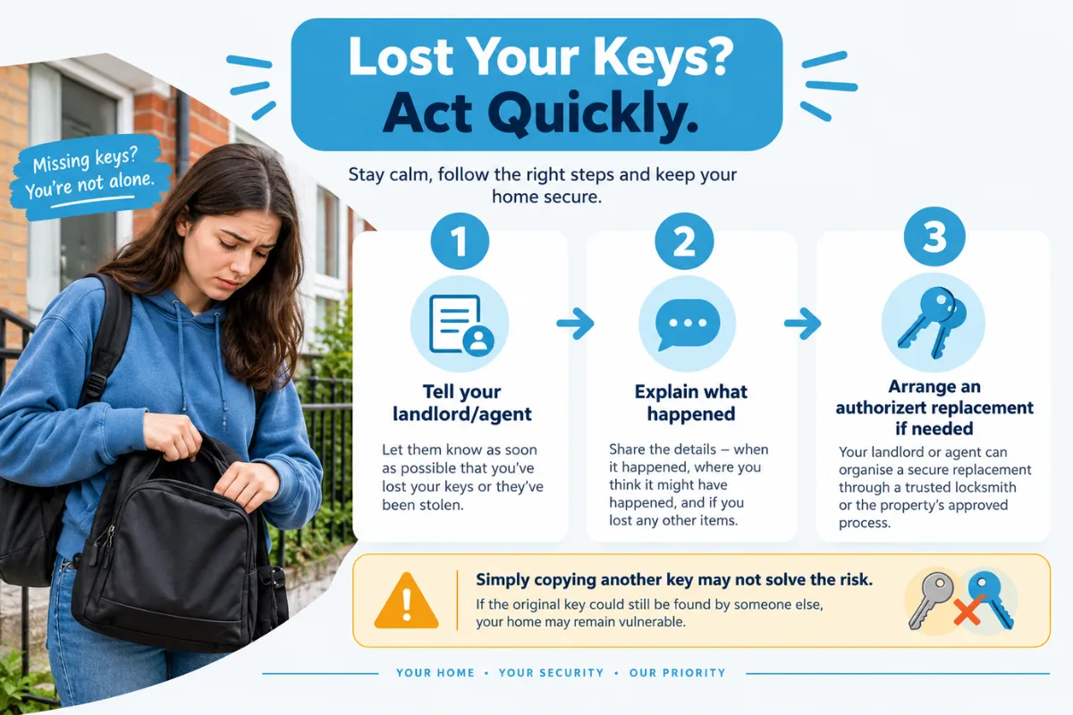 Student responding to lost rental keys by contacting landlord or letting agent