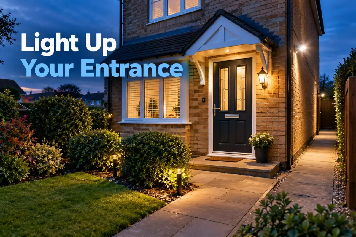 Well-lit British home entrance and garden path at dusk.