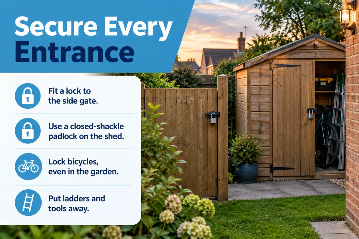 Locked garden gate and shed with a bicycle stored securely.