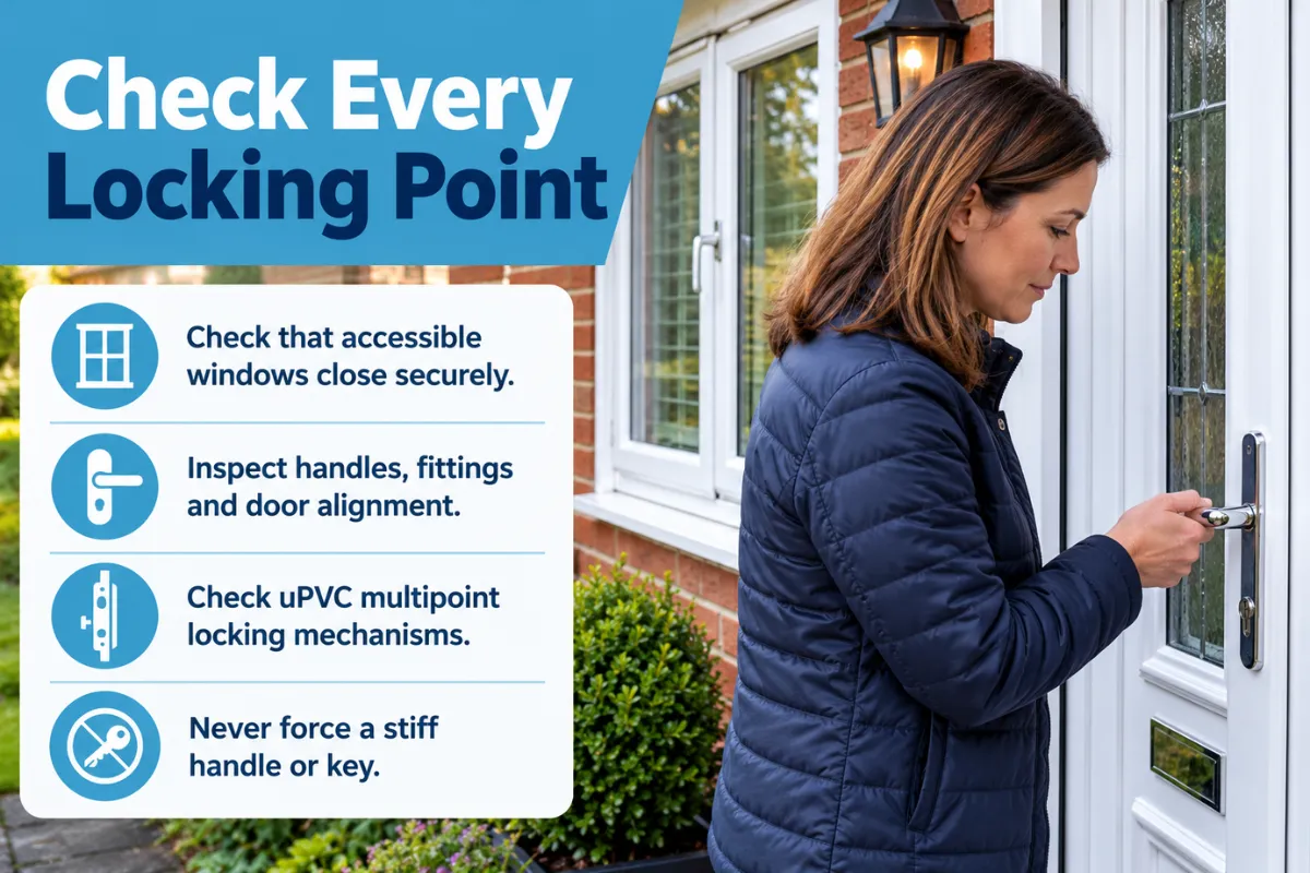 uPVC door handle and window being checked for secure locking.