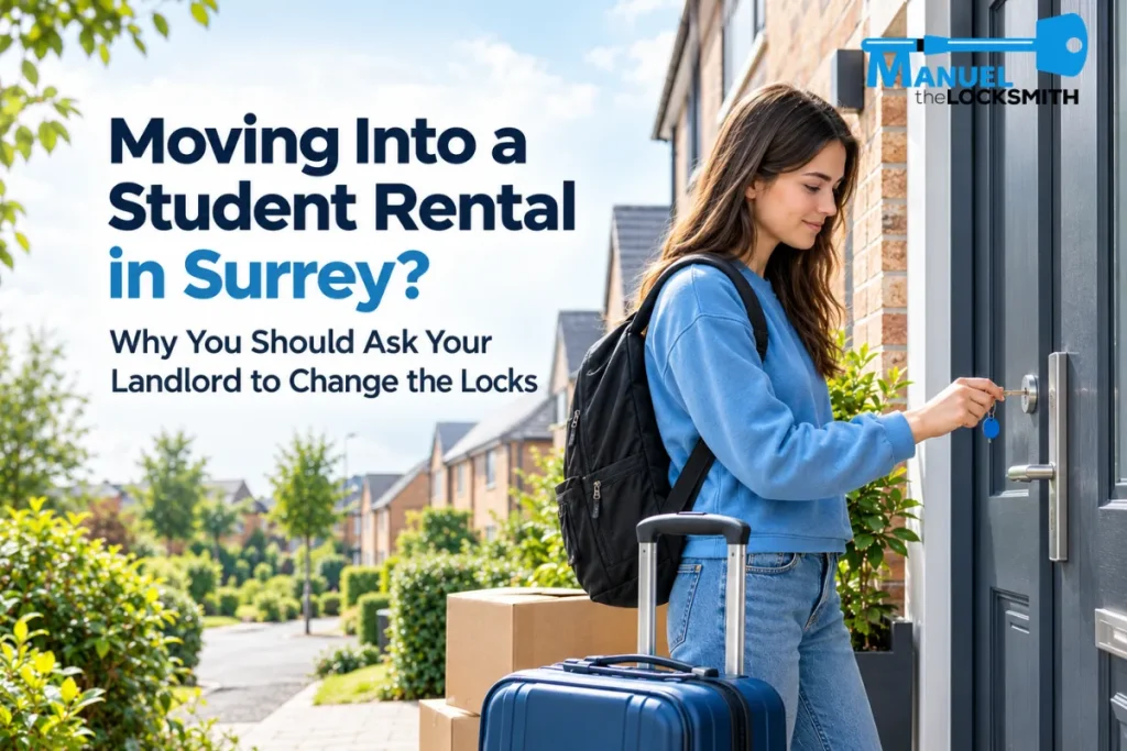 Student arriving at a Surrey rental home and checking the front door lock