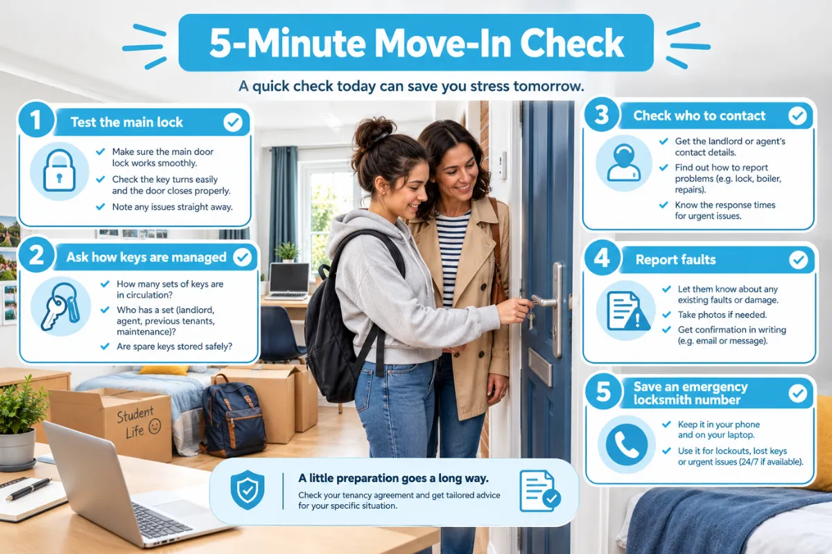 Parent and student checking rental home security during move-in